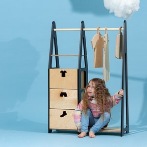 Children wardrobe Montessori clothing rack Wooden clothing rack Wood frame rack Toddler wardrobe Clothing rack with drawers Kids furniture image 2