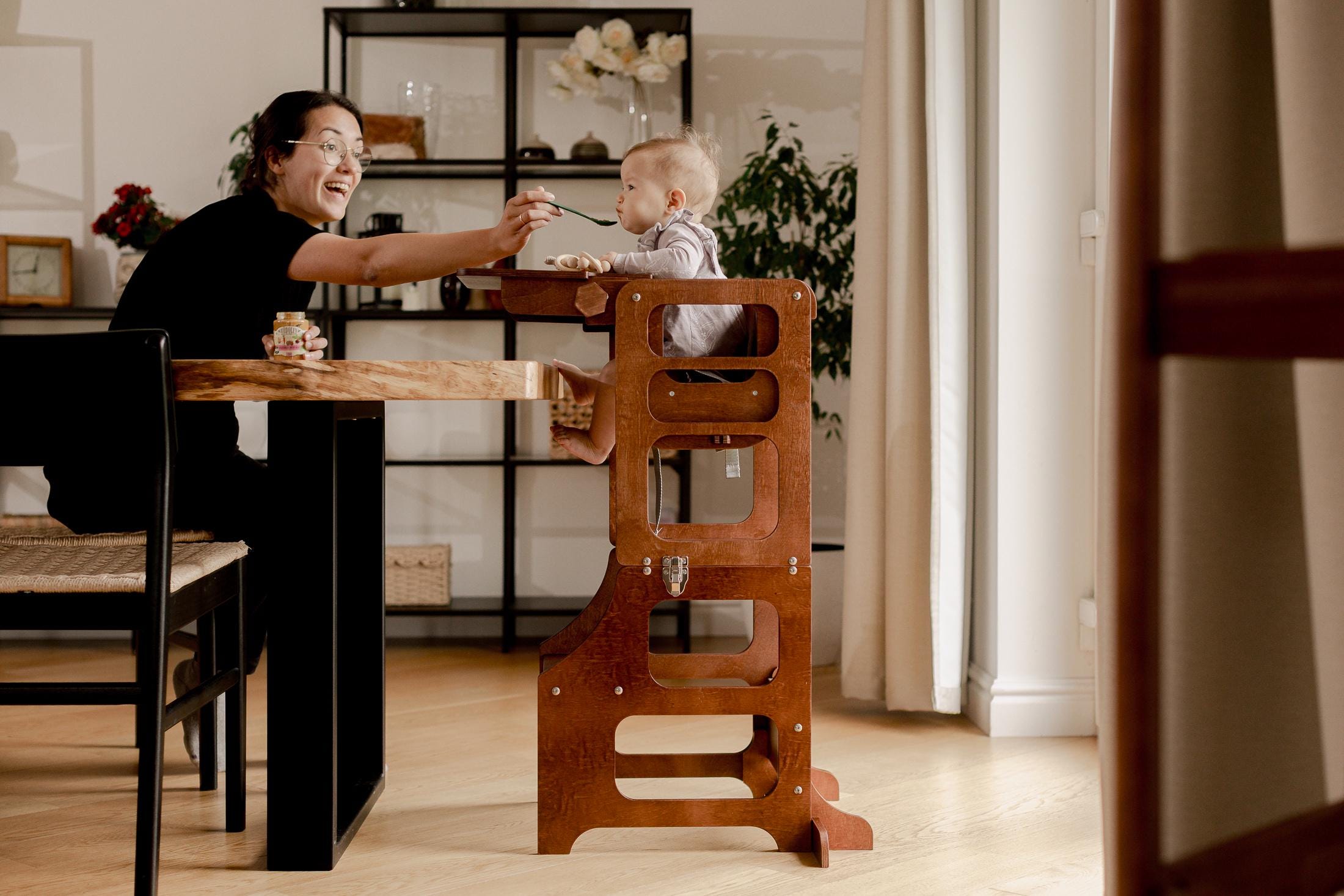 4-in-1 Foldable Montessori Wooden High Chair Counter Height High