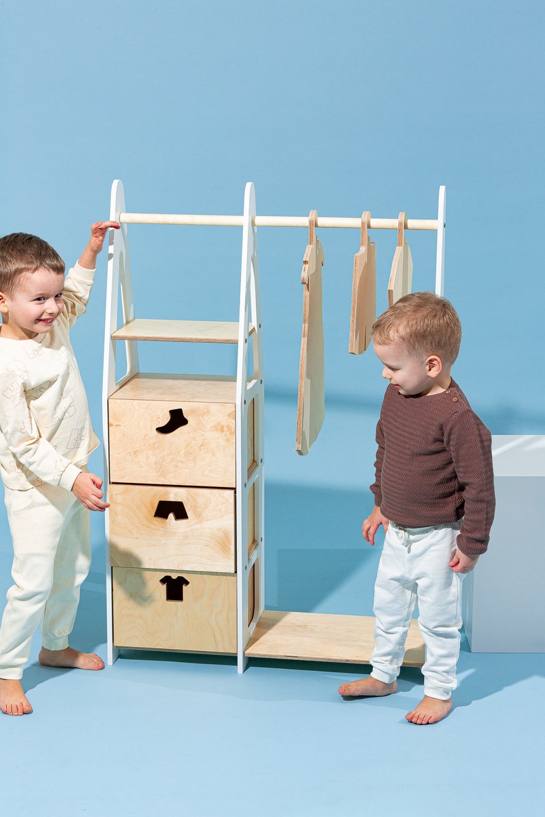 Penderie pour enfants Penderie Montessori Penderie en bois Penderie avec cadre en bois Penderie pour tout-petits Penderie avec tiroirs Meubles pour enfants image 6