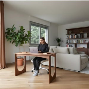 May include: A person using a laptop at a wooden desk in a contemporary living room. The desk is light brown with a distinctive leg design. A cream sofa, bookshelves, and large windows with curtains are also in view.