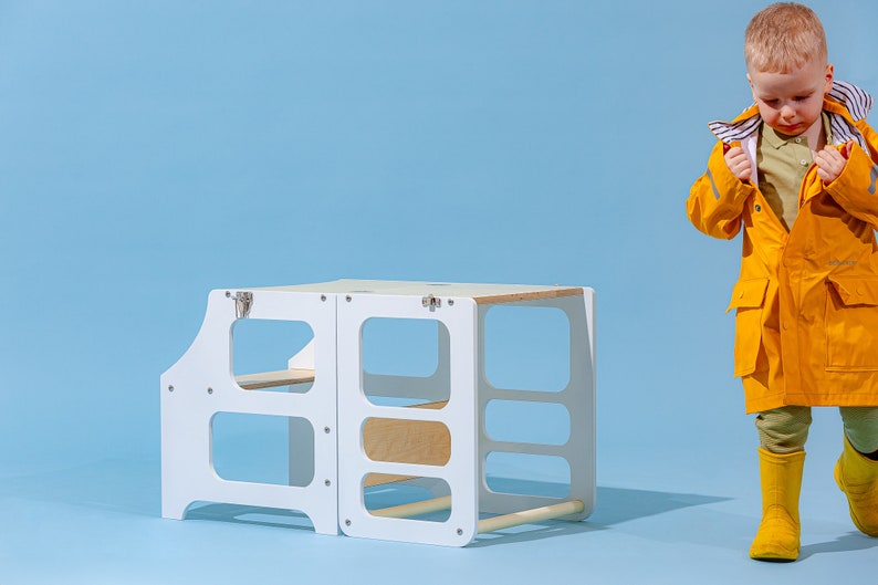 Échelle de cuisine transformable, Échelle de cuisine avec toboggan, Échafaudage pliable, Toboggan, Tabouret d'apprentissage Montessori, Tabouret de cuisine 3 en 1 image 3