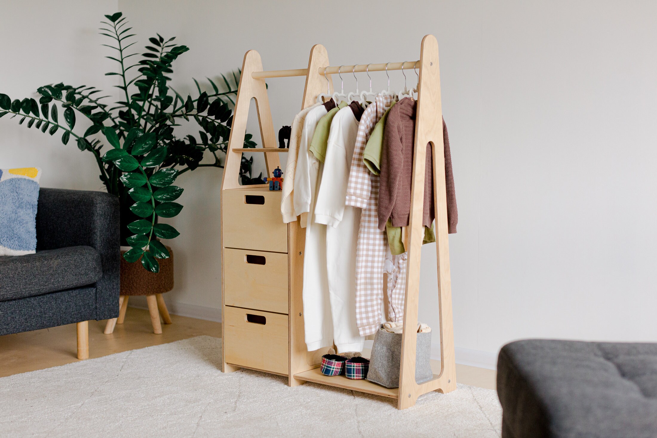 Children Wardrobe Montessori Clothing Rack Wooden Clothing Rack Wood ...