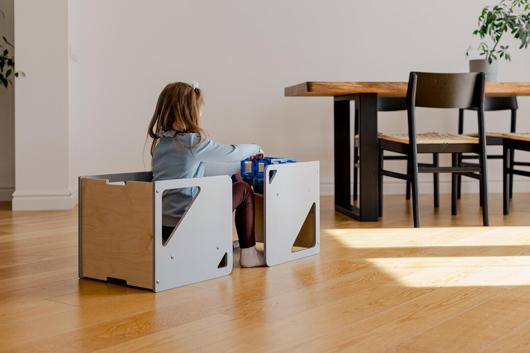 2-in-1 Montessori Cube Chair & Table Set: Natural Wood Toddler ...