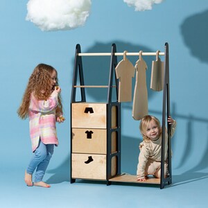 Children wardrobe Montessori clothing rack Wooden clothing rack Wood frame rack Toddler wardrobe Clothing rack with drawers Kids furniture image 4