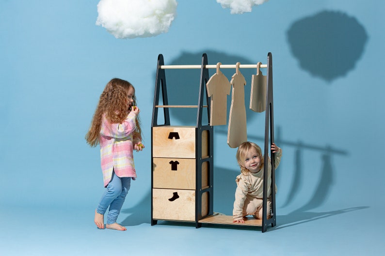 Children wardrobe Montessori clothing rack Wooden clothing rack Wood frame rack Toddler wardrobe Clothing rack with drawers Kids furniture image 4