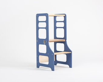 Transformable kitchen tower, Kitchen tower, Foldable kitchen tower, Montessori learning stool, Blue Nova toddler learning stool, Table,
