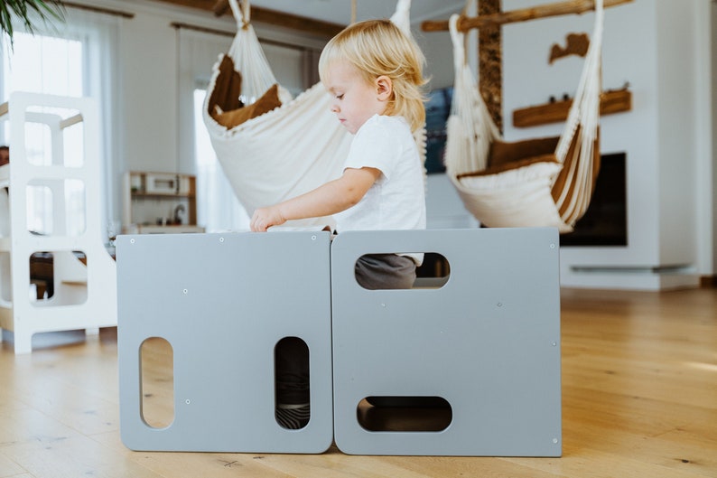 Kids chair and table, Montessori chair set, Gray cube chair, Weaning table and chair, Adjustable chair and table, Kids table, Wooden chair image 3