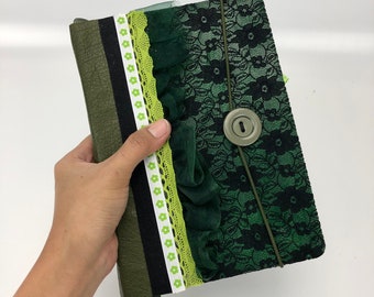 Fabric Coptic Journal, Green Color Long Stitch Binding on Fabric Cover, Fabric Lined Notebook, Handmade, RARE Notebook in A5, 100 Pages