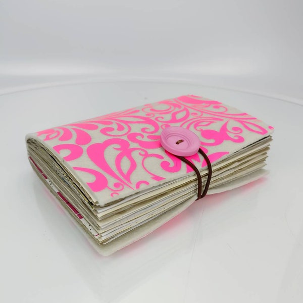 RARE A5 Junk Journal Handmade Notebook, White Felt Cover w/ Pink Vintage Print - 100 Pages, Elastic Lock