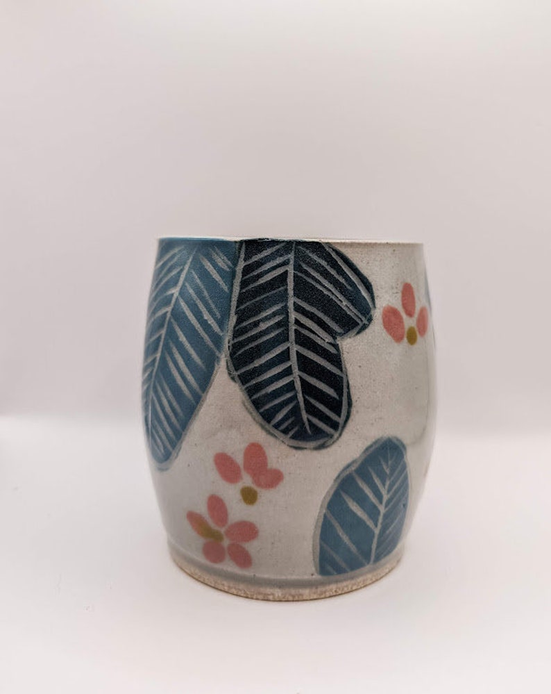 Tropical Leaves and Pink Flowers Cup image 1