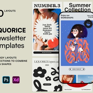 Liquorice ニュースレター テンプレート - Mailchimp テンプレート、Klaviyo、Mailerlite、Flodesk、電子メール マーケティング、Canva ニュースレター テンプレート (HTML ではありません)。