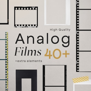Könnte beinhalten: Eine Sammlung von über 40 hochwertigen analogen Filmrahmen und Elementen. Die Rahmen sind schwarzweiß und haben einen Vintage-Look. Der Text "Analog Films 40+" befindet sich in der Mitte des Bildes, mit den Worten "extra elements" darunter.