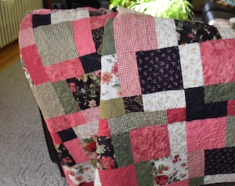 Flowers and Hearts Appliqued Patchwork CribThrow Quilt Farmhouse Shabby Chic Cottage or Country Modern Pink, Gray and Black So Pretty