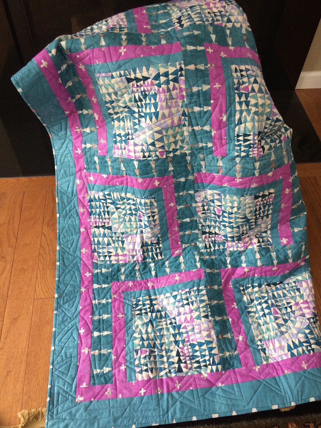 Raspberry Tea Quilt Pattern Handmade Modern Quilt: Teal & Raspberry Geometric Lap Quilt - Etsy