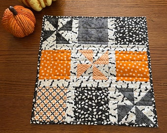 Halloween Table Topper, Handmade Mini wall quilt , Table Runner, Orange, White and Black Holiday