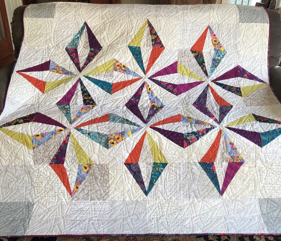 Modern Multi Color Prism Quilt, Throw Quilt, Modern, Gray and White