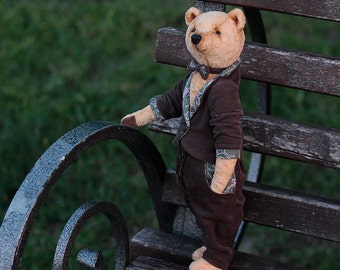 Stuffed plush Teddy bear Handmade Artist bear Gulliver Dressed bear Yellow Vintage Teddy bear Collection toy bear OOAK bear Stuffed animal.