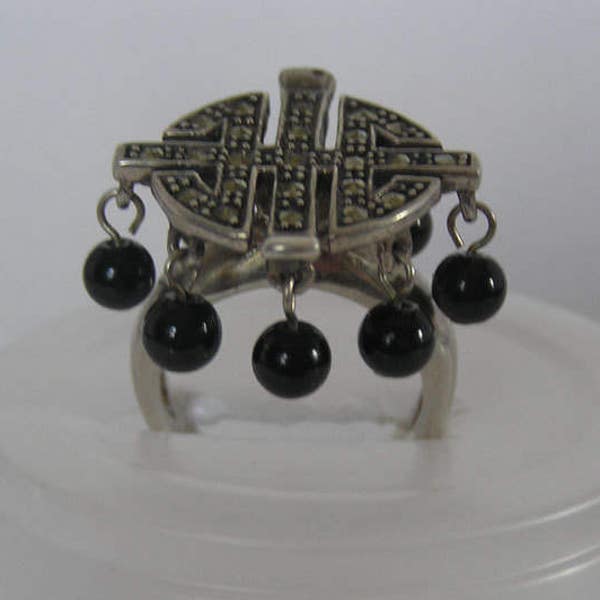 Marcasite Sterling Silver Ladies Ring With Hanging Black Beads UNUSUAL and SUPER NICE