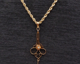 Vintage Diamond Lavaliere Necklace 10K Solid Gold Rope Chain Pendant – Antique Style Diamond Necklace, 18” Gold Chain, Fine Jewelry Gift