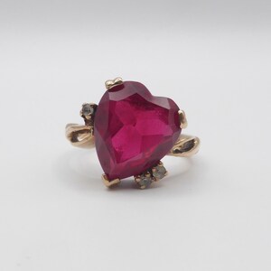Vintage LARGE Heart Shaped Ruby Ring, 10K Solid Gold Ruby Diamond Accent Ring, Vintage Statement Cocktail Ring, Size 5.5