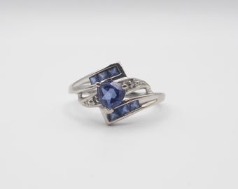 SUPER Dark Blue Sapphire 10K Solid White Gold Ladies Vintage Ring - Size 6.75