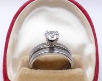 Vintage JABEL 3/4 Ct Diamond Solitaire Bridal Set, 18K White Gold, Size 6-1/4