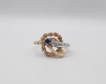 Vintage Diamond and Blue Sapphire Ring in 14K Two Tone Gold | Unique White & Yellow Gold Estate Ring | Fine Jewelry | Size 6