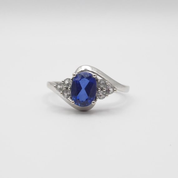 Vintage Sapphire & Diamond Ring – 10K Solid White Gold, Size 6.75