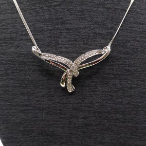 Vintage Diamond Ribbon Bow Necklace: 10K Solid White Gold, 30 Diamonds