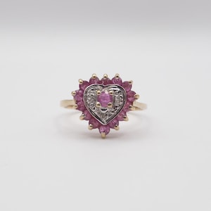 Fancy Vintage Ruby & Diamond Heart Ring in 10K Solid Gold, Size 5.75, Romantic Fine Jewelry, Estate Gemstone Dinner Ring Gift for Her