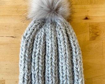 Adult Ribbed Fitted Pom Hat