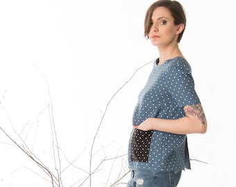 Leinen Top mit Polka Dots, Veganes Top, Locker sitzendes Damen Top, Kurze Ärmel legere, Nachhaltige Mode, Top mit geteiltem Rücken, Bluse mit Knöpfen am Rücken