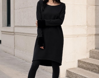 Black Midi Dress, Extra Long Sleeves, Faux Fur Cuffs, Minimalist Style