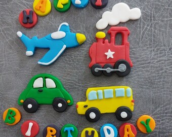 2d edible fondant car/ train/ bus/ plane cake toppers Vegan