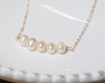 14K Rose Gold, 14KGold Fill Chain Freshwater Pearls Row Necklace. Natural White Peach Color Dainty Necklace. Wedding Gifts For Women Jewelry