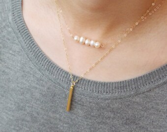 14K Rose Gold, 14KGold Fill Chain Freshwater Pearls Row Necklace. Natural White Peach Color Dainty Necklace. Wedding Gifts For Women Jewelry