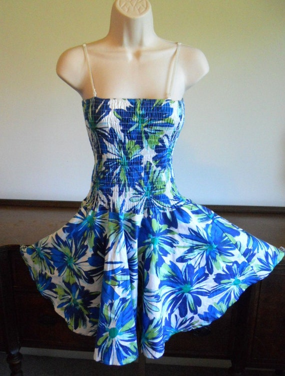 Vintage Blue Smocked Summer Dress ~ 1980's Circle
