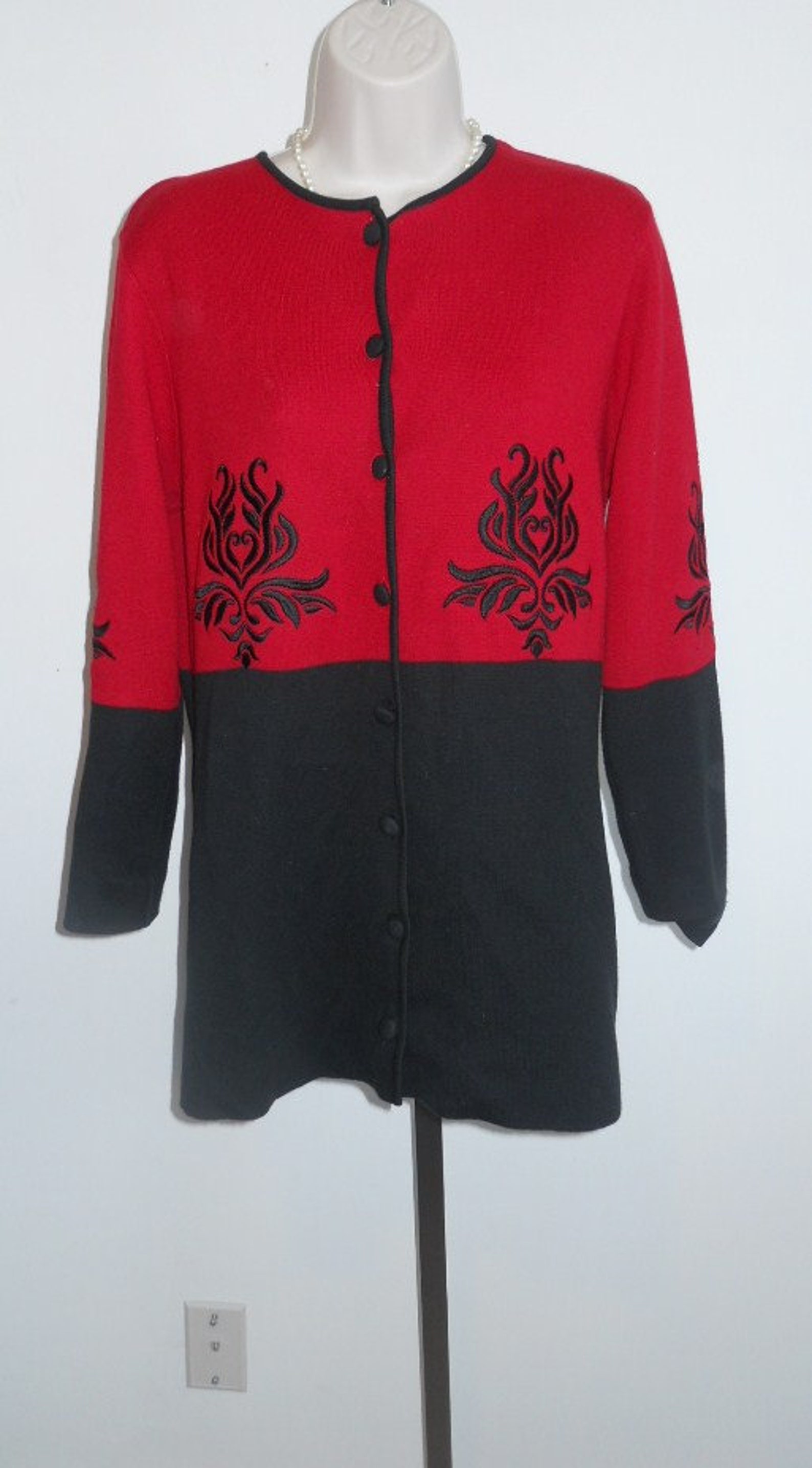 Vintage Bob Mackie Cardigan Sweater Red & Black Long Sweater Medium - Etsy