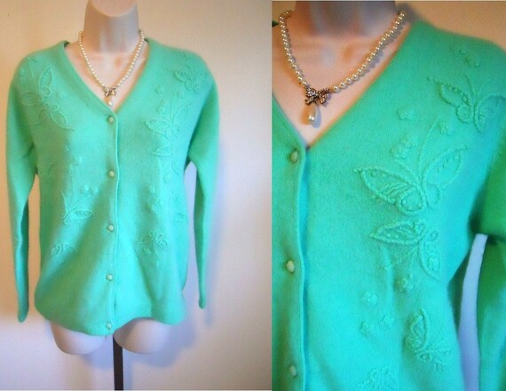 Vintage Mint Green Angora Lambswool Cardigan Sweat