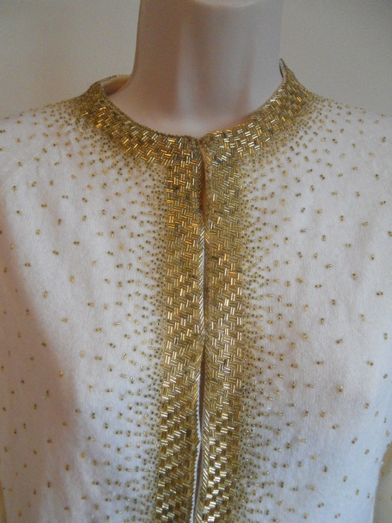 Vintage 1950's Beaded Cream Cardigan Sweater ~ 19… - image 2