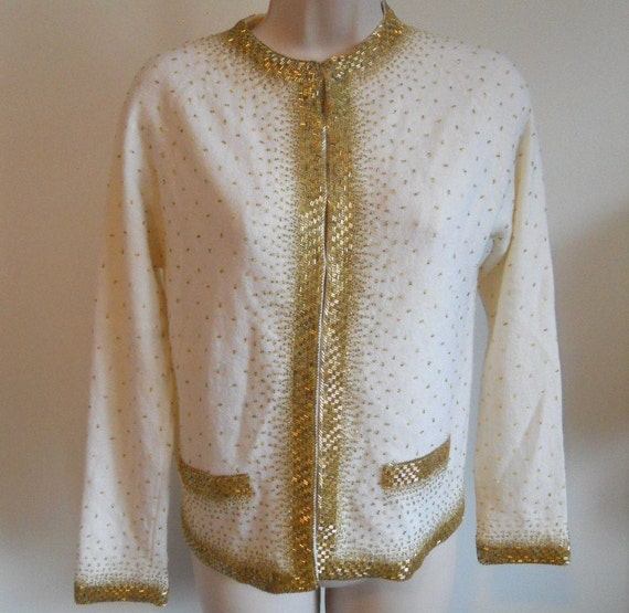 Vintage 1950's Beaded Cream Cardigan Sweater ~ 19… - image 1