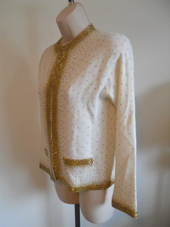 Vintage 1950's Beaded Cream Cardigan Sweater ~ 19… - image 3