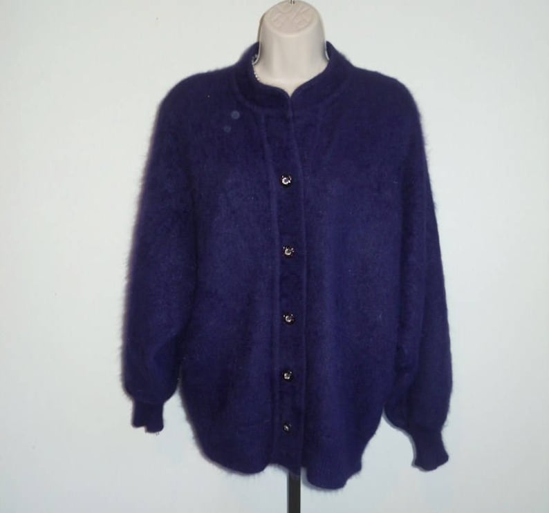 Vintage Purple Angora Cardigan Sweater  Jacket ~ Retro 1980/'s Dark Purple Fuzzy Sweater ~ Fully Lined Sweater ~ Purple Sweater ~ L-XL
