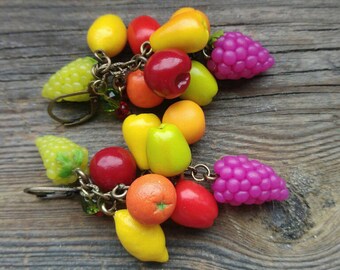 Fruit earrings, Food earrings, Bijoux fimo, Fruit jewelry, Miniature food, Grape earrings, Gift for her, Cherry earrings, Peach earrings