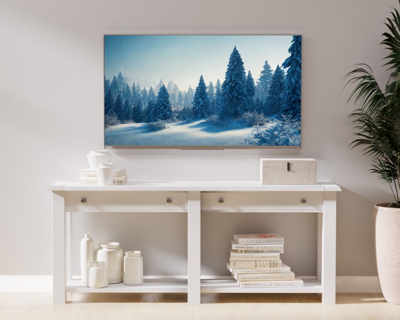 Samsung Frame TV Art, Snowy Pine Trees Landscape Art, Instant Download, Winter, Forest, Sky, Frame TV Art, Samsung Art TV, Digital Download image 4