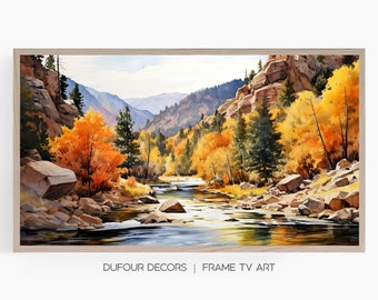 Autumn Landscape Watercolor Style Art, Samsung Frame TV Art, Poudre Canyon Colorado Fall, Instant Download, Samsung Art TV, Digital Download