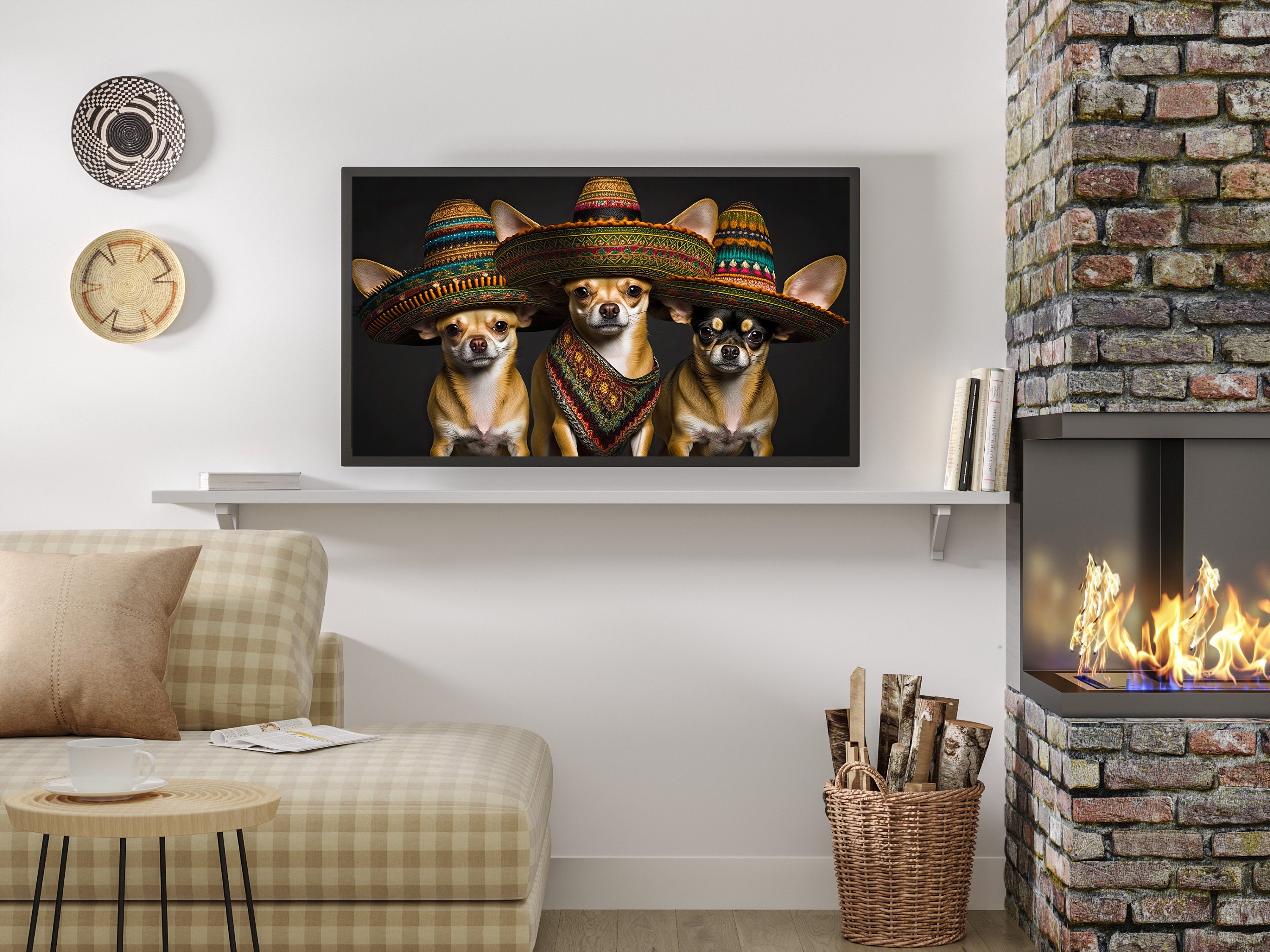 Mexican Chihuahua Standing on Top of A Straw Sombrero Tiny Small Dog Big Hat | Large Stretched Canvas, Black Floating Frame Wall Art Print | Great