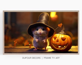 Halloween Mouse Wearing a Witch Hat , Samsung Frame TV Art, Adorable Hamster and Pumpkin, Instant Download, Samsung Art TV, Digital Download