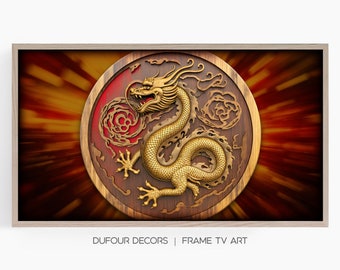 Chinese Dragon Art, Year of the Dragon, Wood Carving, Zodiac Animal, Luck Good Fortune, Samsung Frame TV Art, Instant Download, Frame TV Art