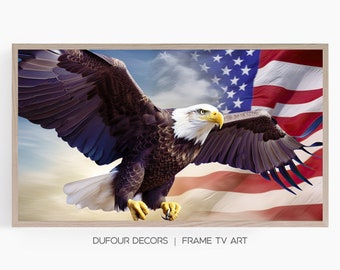 Bald Eagle Flying With The American Flag In The Background, Samsung Frame TV Art, USA Patriotic Wall Decor, Instant Digital Download, 4K TV